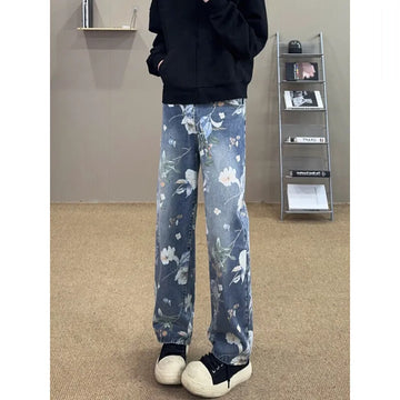 Riolio Flower Jeans Men Fashion Retro Printed Jeans Men Streetwear Hip-hop Loose Straight Jeans Men Baggy Vintage Denim Trousers